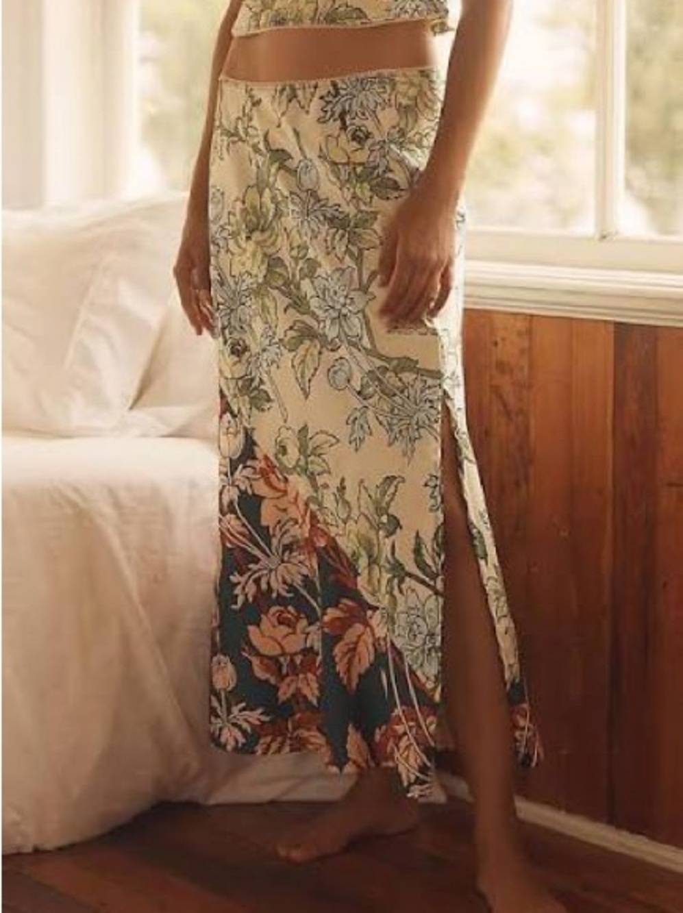 NWT. Anthropologie Cream Maxi Skirt with Green & Coral Floral Panels